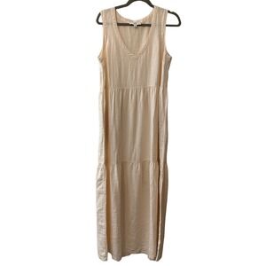 SAUTHS Linen Blend Tiered Maxi‎ Dress Cream V Neck Sleeveless M